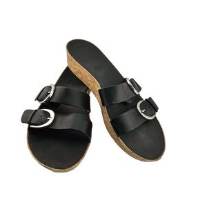 FitFlop Double Buckle Strap Slide Sandals Womens 11 Black Leather Comfort Cork